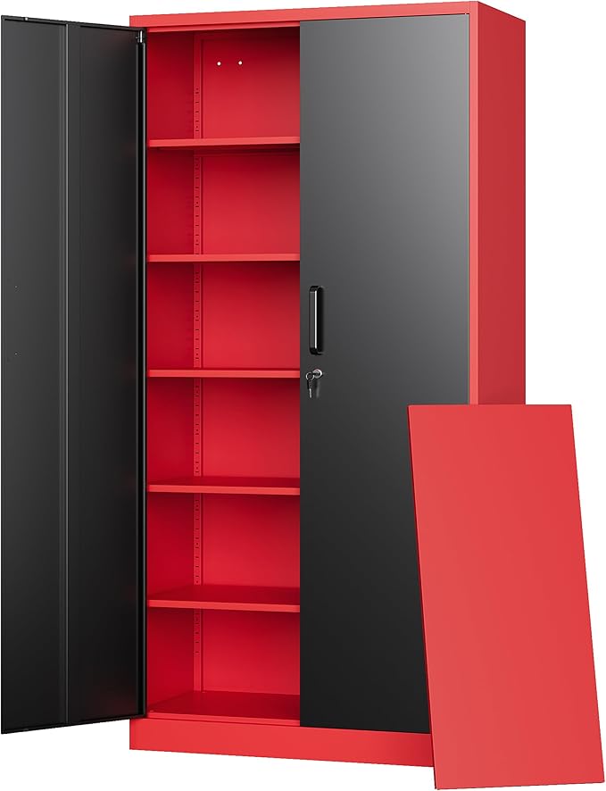 Metal Garage Storage Cabinets with Lock, 71" Tall Locker Organizer Steel Tool Cabinets,5 Adjustable Shelves 2 Doors for Home Office, Warehouse,Garage,Industrial,Employee (Black Red)