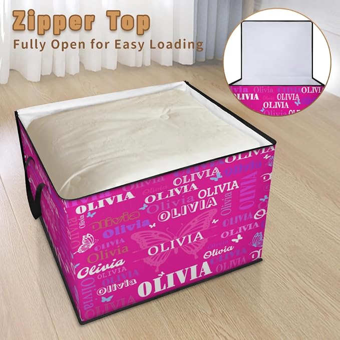 Custom Name Storage Bin with Lid, Personalized Extra Large Rosy Pink with Butterflies Storage Basket with Handles Zippers for Organizing Comforters, Blankets, Bedding Closet Shelf Baskets