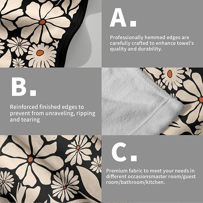Giwawa Black Daisy Hand Towels Set of 2 Boho Floral Decorative Absorbent Fingertip Towels Soft Kitchen Tea Dish Towels for Bathroom Home Gym Spa