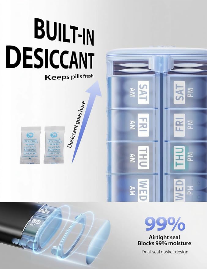 Vaydeer Metal 7 Day Travel Pill Organizer 2 Times a Day, Built-in Desiccant | AM PM weekly Travel Pill Case, Twice-Daily，Airtight Large Capacity Pill Box for Vitamins, Medication, Supplements & Fish Oil
