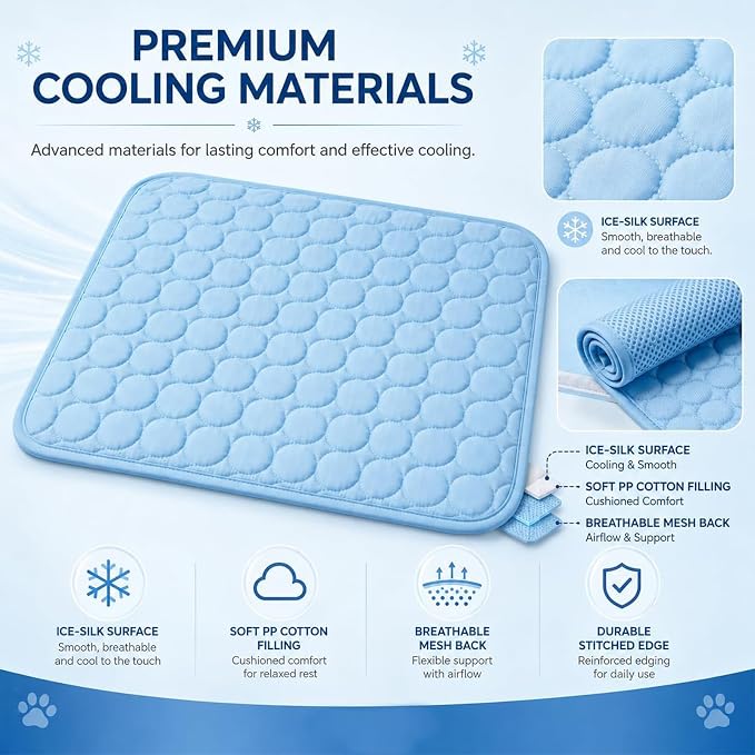 Dog Cooling Mat, 2026 Upgraded Pet Ice Silk Mat(Bule,M-24×20") | Washable Dog Cooling Pad with Soft PP Cotton Padding, Breathable Dog Bed Matfor Dogs & Cats