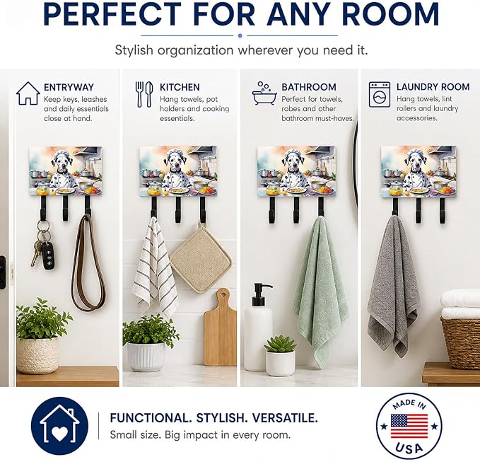 Caroline's Treasures Dalmatian The Chef Leash or Key Holder Wall Hooks, Key Hooks Holder, Coat Rack Wall Mount, Coat Hooks, Hooks for Hanging Keys, Towels, Aprons, Leashes | Dalmatian The Chef artwork on ceramic tile with three steel hooks for keys, le...