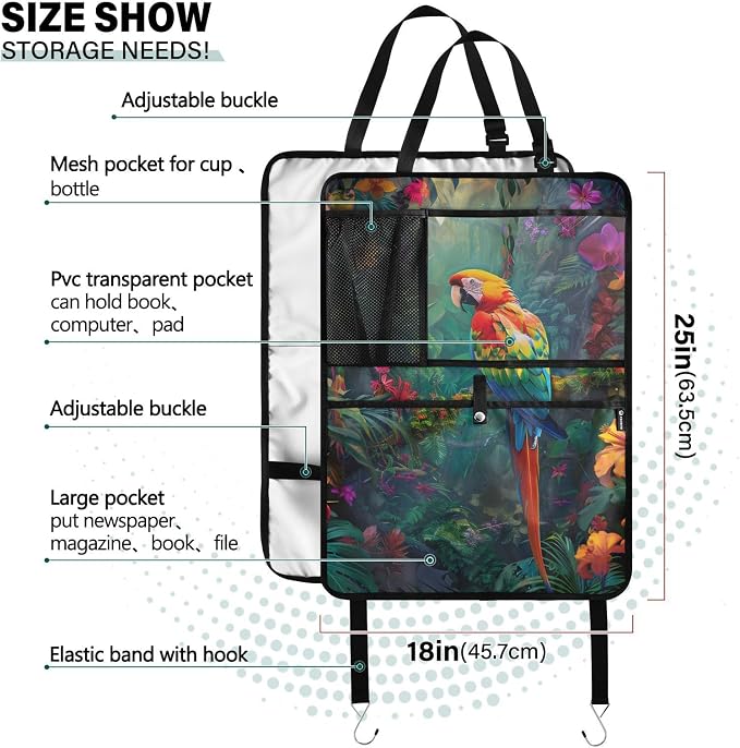JIPONI Car Backseat Organizer, Parrot Macaw Tropical Automotive Back Seat Protector, Kick Mats with Storage Pockets for Kids Pets, Road Trip Accessories