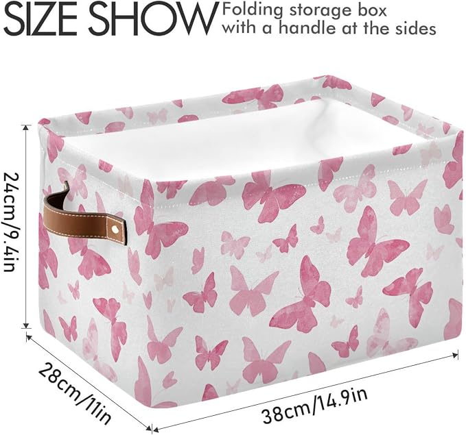 Watercolor Pink Butterfly Storage Basket Bin, Large Cube Storage Box Canvas Collapsible Storage Organizer for Home Office Closet - 15 L x 11 W x 9.5 H
