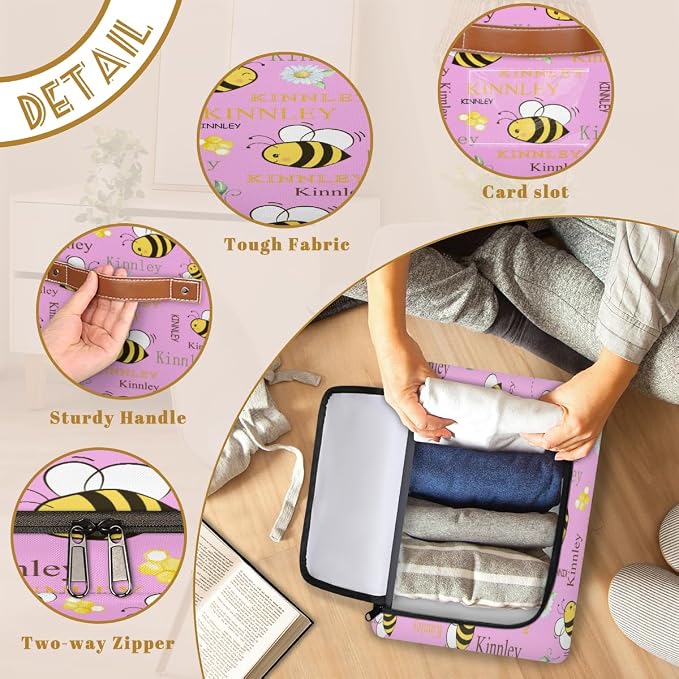 Personalized Kids Toy Box with Name, Custom Pink Nursery Baskets Cubes Box with Zipper Lid, Kids Custom Storage Basket Laundry Baskets Organizer with Handles, Bee and Floral