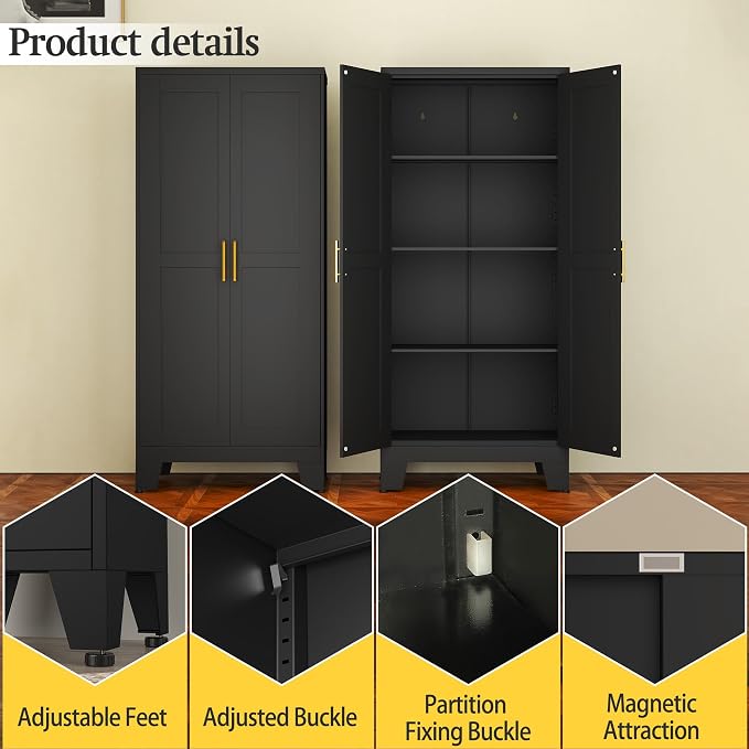 Black Metal Storage Cabinet, 61" Kitchen Pantry Cabinets for Office | Steel Kitchen Pantry Storage with Doors and 3 Adjustable Shelves, Metal Tool Cabinet, for Office, Home, Garage, School
