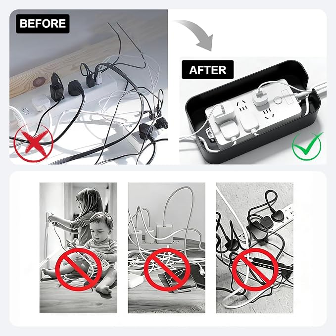 Cord Organizer Box Cable Management Hide Power Strips & Cords | Multi-Hole Shunt Design,Kid & Pet Friendly,Floor Outlet Hiders for Desk,Office,Living Room,Wire Storage,Black