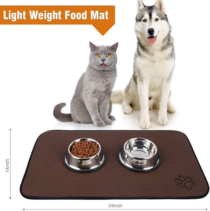 SINLAND Microfiber Pet Bowl Mat Dog Cats Feeding Mats for Food and Water Dish Drying Mat with Anti-Skid Backing 14.2Inch x 24Inch Brown