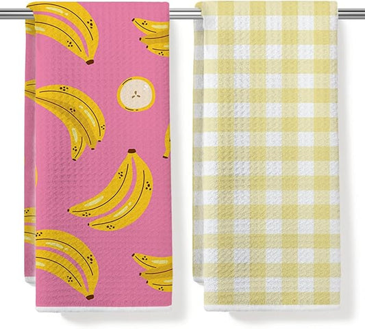 Banana and Yellow Checkered Kitchen Towels, Quick Dry Multipurpose Waffle Weave Hand Towels for Bathroom, Absorbent Reusable Cloth Tea Dish Towels for Home Decor, Banana Lover Gift Towel Set of 2