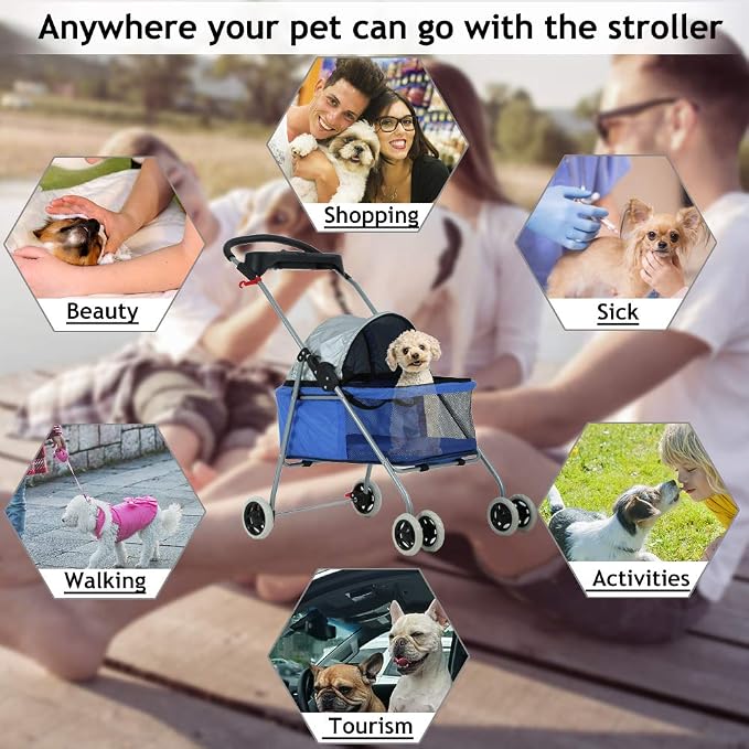 Dog Stroller Pet Stroller Cat Strollers Jogger Folding Travel Carrier Durable 4 Wheels Doggie Cage with Cup Holders 35Lbs Capacity Waterproof Puppy Strolling Cart for Small-Medium Dogs, Cats - Blue