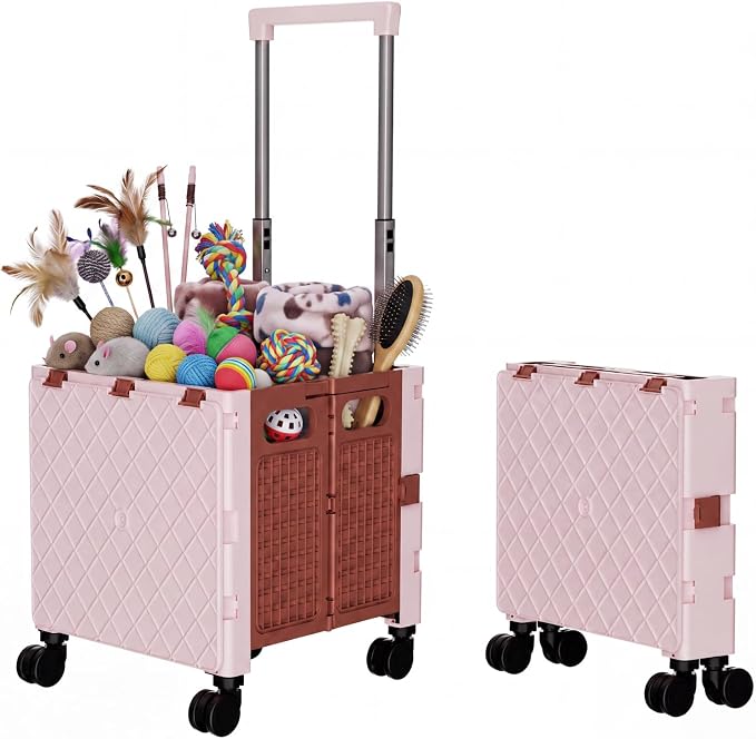 Foldable Shopping Cart with Wheels: Cat-Style Rolling Utility Crate | Adjustable Handle, Clear Window, All-Terrain Wheels, Grocery Trolley for Teacher, Market, Office, Luggage, Laundry, Garden