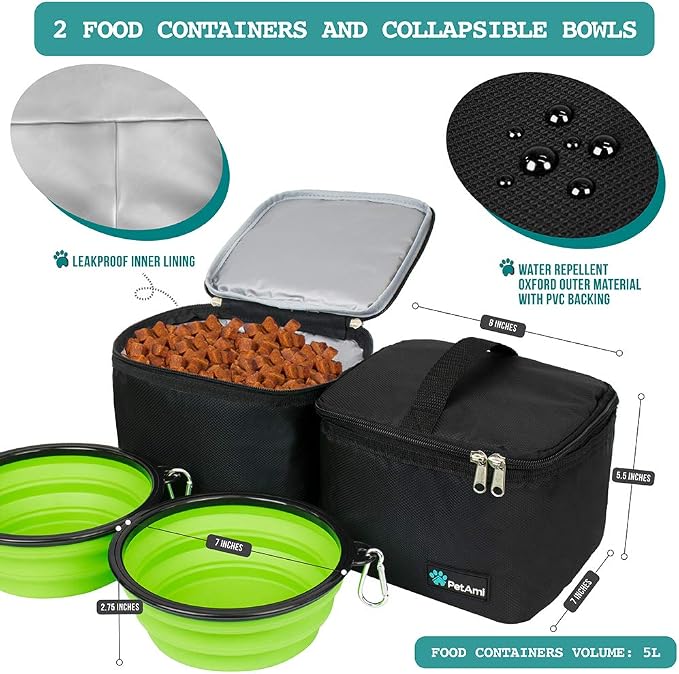 PetAmi Dog Travel Bag Organizer, Pet Supplies Tote Diaper Bag, Black Large | Pet Travel Kit with 2 Food Containers & 2 Collapsible Dog Bowls, Luggage Sleeve, Weekend Getaway Road Trip Camping Essentials