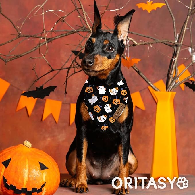 Pink Halloween Dog Bandanas, Cute Ghost 2-Pack Triangle Reversible Pet Scarves, Premium Fabric, Pumpkin Bandana for All Boys Girls Dogs (Large, Style 3)