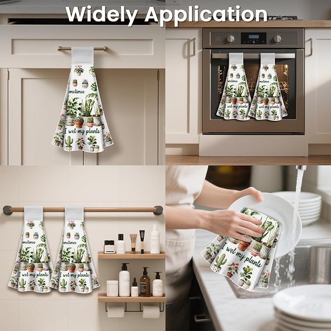 CUTHOLLOW Potted Plants Hanging Kitchen Towels with Loop, Set of 2 - Soft & Super Absorbent Microfiber Decorative Hanging Dish & Hand Towel, Tea, Coffee Towel for Kitchen Bathroom Oven Handle