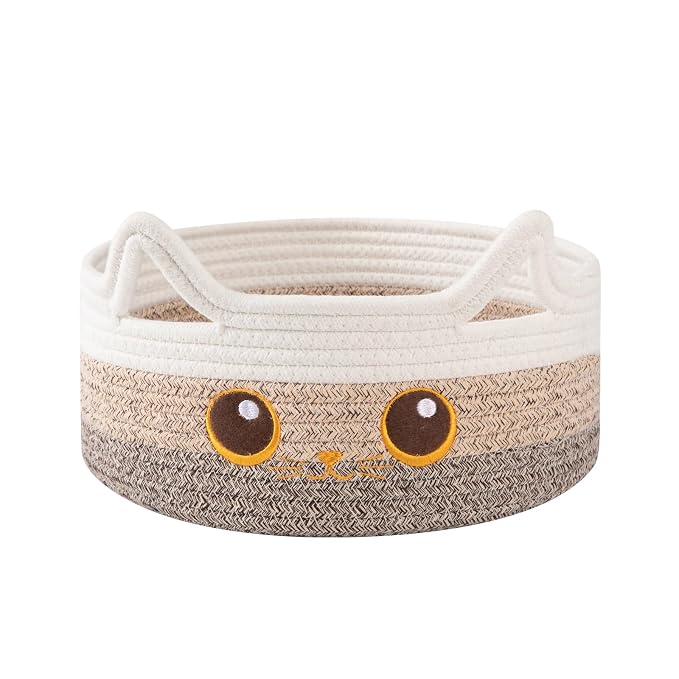 Small Cotton Rope Storage Basket,Round Cat Toy Basket for Living Room,Brown | Cute Decorative Dog Toy Basket, Toy Bin for Baby, Pet, Gift Basket for Halloween, Baby Shower , 11"×11"×4.7"