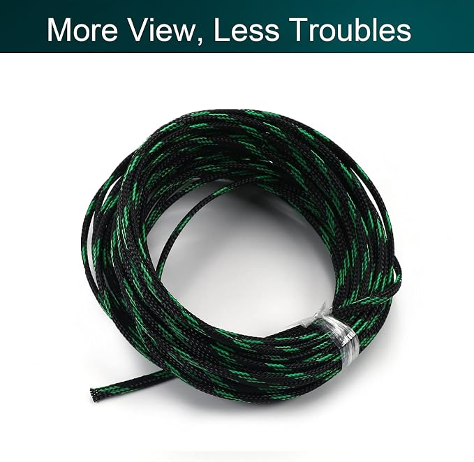 Jutagoss PET Expandable Braided Cable Sleeve, 32.8ft - 3/16 inch Black Fluorescent Green Cable Management Sleeve, Wire Loom Tube Cord Protector for USB Cable, Power Cord, Audio Video and More, 1Pc