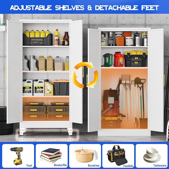 GAIOUS 61" Tall Kitchen Pantry Cabinet,Metal Storage Cabinet White Cupboard | Steel Office Cabinet, Freestanding Bookcase with 2 Doors and 3 Adjustable Shelves, Bathroom Kitchen Bedroom Garage Cabinet