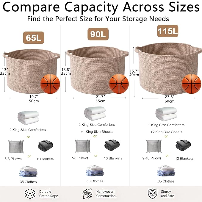 65L Large Blanket Basket,Woven Rope Laundry Basket-Brown | Collapsible, reinforced handles, nursery storage bin organizes clothes, toys and pillows for living room, bedroom bathroom.