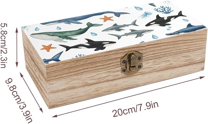 Wooden Keepsake Box Gift Organizer with Lid Craft Storage Container, Funny | Sharks Humpback Whales Orcas Turtles Ocean Rectangle Memory Boxes, Party Gift Supplies, 9.2x5.5x3.9 Inch