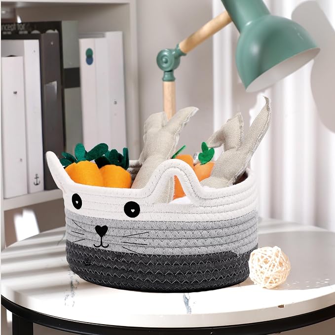 Zopeal Cat Woven Gift Basket Storage,8.3 x 4.7 Inch,Dark Gradient | Cute Cotton Rope Organizer with Handles for Toy Box, Nursery Decor, Decorative Bin, Pet Supplies Holder, Desk Storage