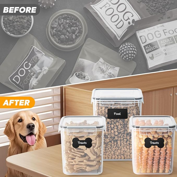 qeerable Airtight Dog Treat Container Set - Shatterproof Plastic Pet Treat Container with Scoops, Tongs & Labels - 3 Pack Clear Dog Cookie Jar for Kitchen Counter Organization & Freshness
