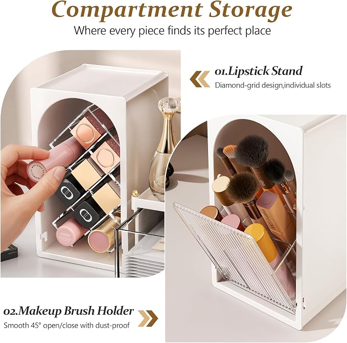 FOLLOWIN Compact Makeup Organizer Set, Makeup Brush Organizer | Lipstick Holder with Grid, Flip Drawer, 2 Ways to Arrange, Milk White Bathroom Counter Organizer, Store Lipsticks, Brushes