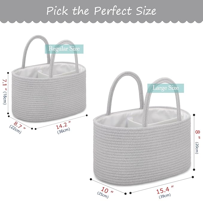 COMSE Large Cotton Rope Baby Diaper Caddy Organizer with Handles, Cool Gray