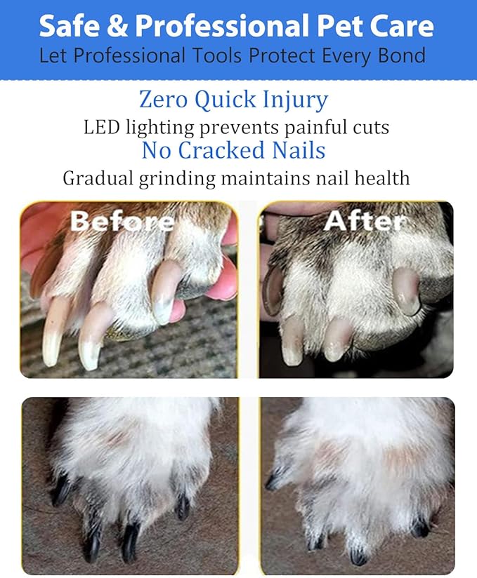 Electric Dog Nail Grinder with 2 Level LED Lights, 2 Speed Super Quiet and Low Vibration Electric Cat Nail Grinder - Rechargeable Pet Nail Grinder for Small Dogs Cats - Yellow