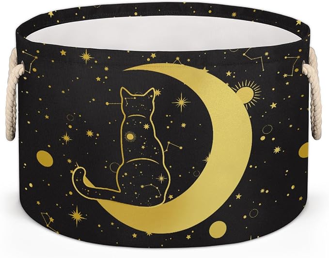 Storage Baskets - Moon Large Nursery Organizer Bin Box with Handles Collapsible Round Black Cat Laundry Hamper for Kids Boy Toys Pet Blanket, Bedroom Living Room Home Decor Gift Basket (19.4"x13.3")