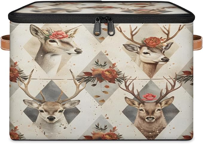 Deer Flower Storage Box with Zipper Lid