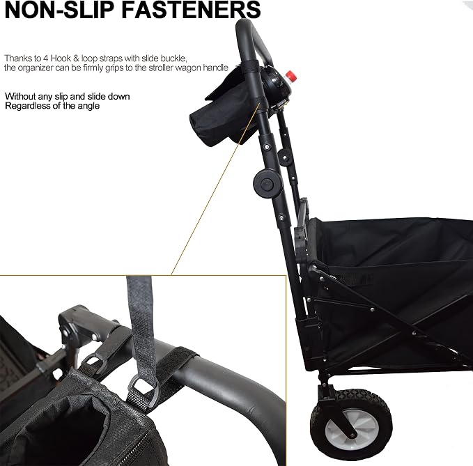 Non-Slip Organizer for Wagon, Parent Console Caddy with Cup Holders Universal for Folding Kids Pet Stroller Adjustable Straps Zippered Pockets Storage Phone Bag Attachment Accessories Black