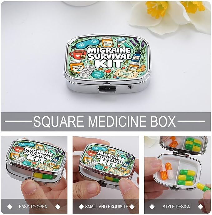 Colorful Migraine Survival Kit Illustration Two Compartment Pill Box Medicine Organizer, Portable Pill Case with Secure Snap Closure for Vitamins Medication Supplements Daily Use