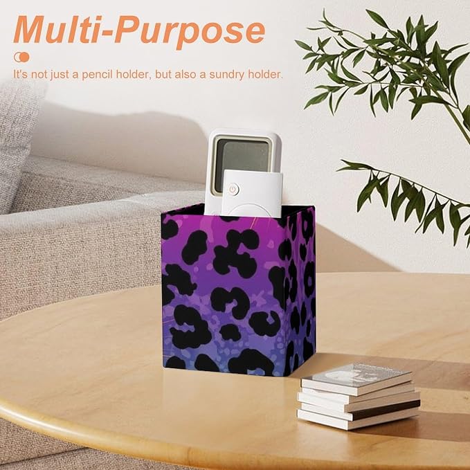 PU Leather Pen Pencil Holder Hot Pink Purple Cheetah Leopard Print Pencil Organizer Desktop Accessories Square Stationery Container Box for Office Work