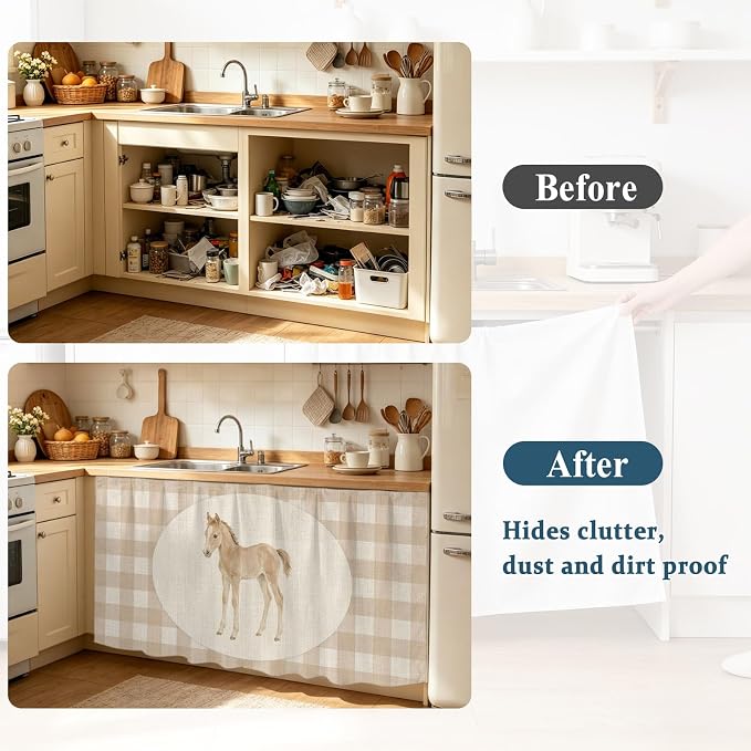 Graceful Pony Cabinet Dishwasher Hidden Curtains, Privacy Closet Door Curtain, Retro Natural Horse Farmhouse Plaid Rustic Adhesive Dust Proof Under Sink Skirt for Bathroom Kitchen 35"x35"