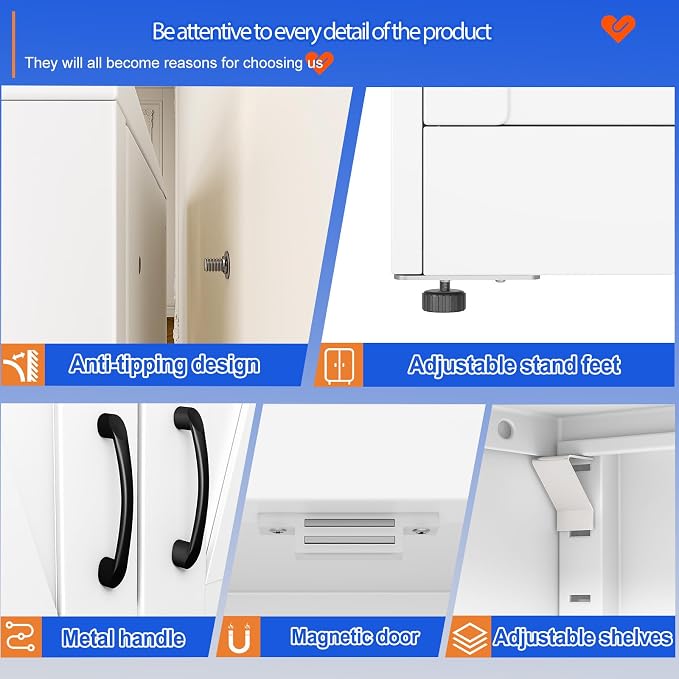 GAIOUS 71" Tall Kitchen Pantry Cabinet,White Cupboard,Metal Storage Cabinet | with 2 Doors and 4 Adjustable Shelves, Freestanding File Cabinet, 5 Tier Utility Cabinet for Dining Office Bathroom Bedroom