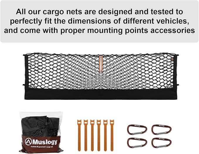 Muslogy Cargo Net for 2024-2026 GMC Acadia, Chevy Traverse, 2025+ Enclave | Custom Fit, Trunk Storage Organizer Net for SUV Sedan Van Divider, with Heavy Duty Carabiners, Night Visible Grab Handle