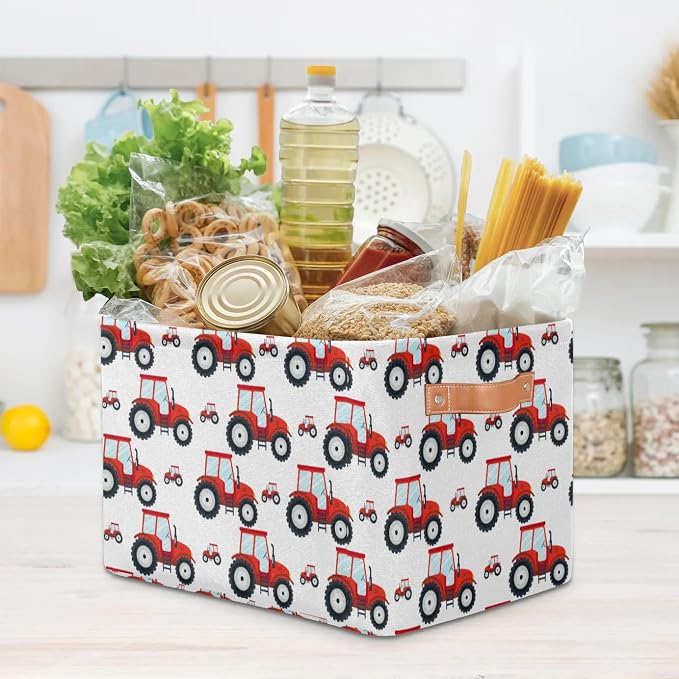 Red Tractor Rectangle Storage Basket Truck Car Foldable Storage Bin Cubes with Handles Large Organizer Bins Boxes Toy Closet Shelf Nursery Laundry Basket Home Decor