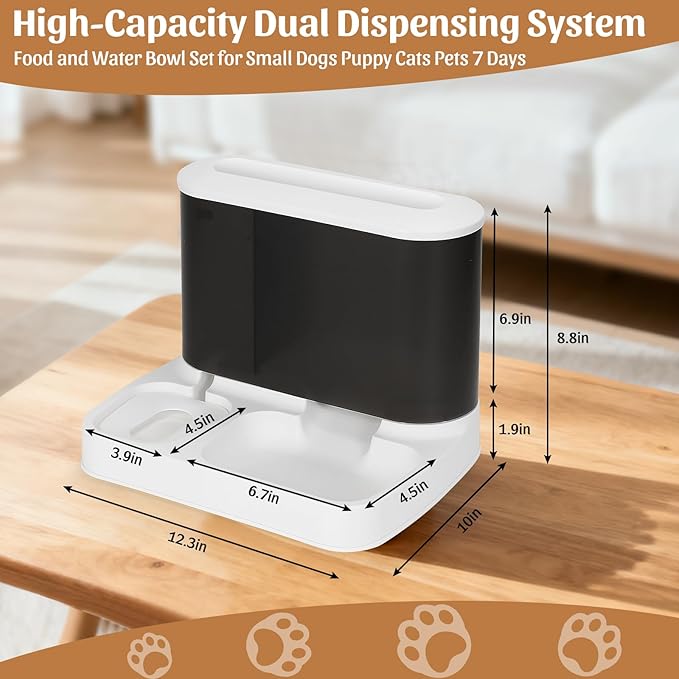 Automatic Pet Feeder and Water Dispenser Set, 2 in 1 Gravity Cat Dog Auto Food and Water Bowl Set for Small Dogs Puppy Cats Pets (Black&White)