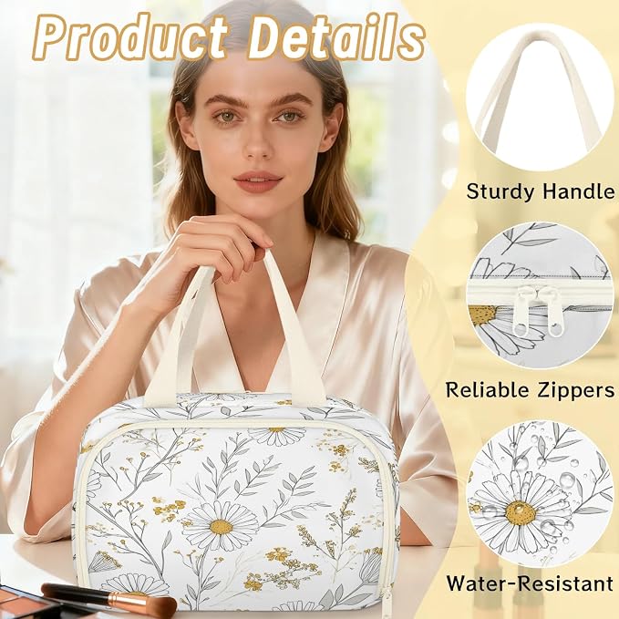 White Daisy Flower Travel Toiletry Bag for Women | Farmhouse Vintage Lightweight Waterproof Makeup Cosmetic Bag Large Tote Organizer for Traveling, Toiletries, Accessories
