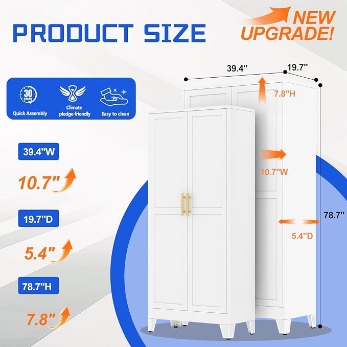 GAIOUS 79" Tall New Update Kitchen Pantry Cabinet, Metal Storage Cabinet | with 2 Doors and 5 Adjustable Shelves, Steel Cupboard for Kitchen Dining Bathroom Bedroom, White, Freestanding, Wider Deeper