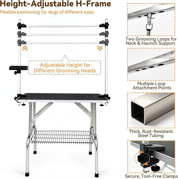 36" Foldable Dog Grooming Table with Adjustable H-Frame Arm & 2 Nooses, Heavy-Duty Stainless Steel Frame, Non-Slip Top, Tool Caddy and Mesh Tray, Black