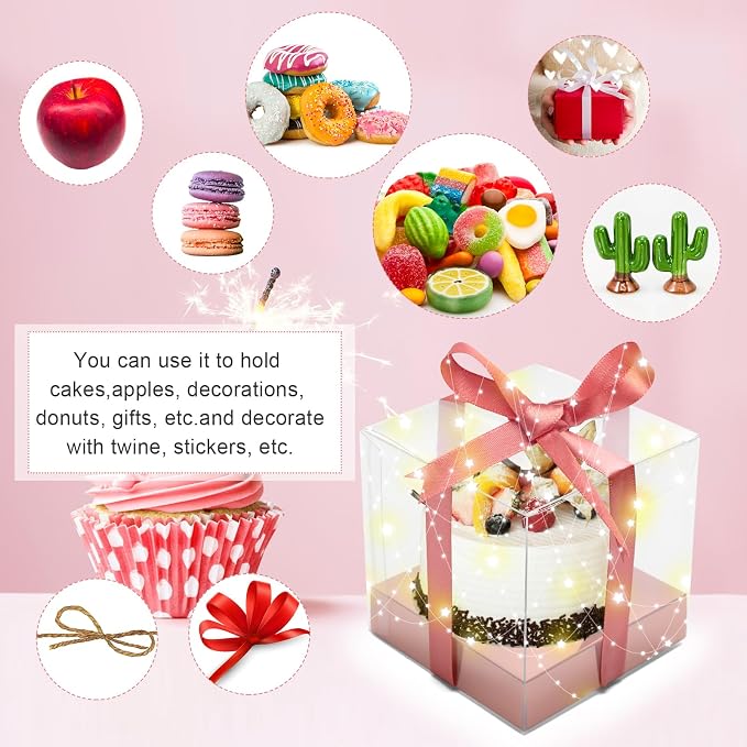 12 PCS Clear Cupcake Boxes 3.5 Inch Cupcake Containers (Rose gold) | Disposable Cupcake Carrier Plastic Individual Cupcake Storage Holder with Ribbons and Inserts for Wedding, Birthday Party