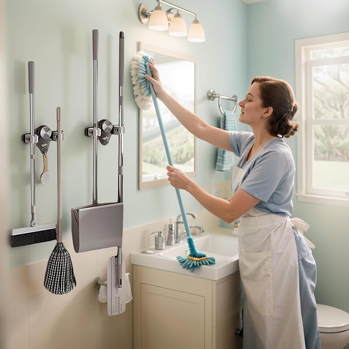 Wall Mount Broom Holder Mop Hanger Organizer - No Drilling PET & Silicone Grip for Bathroom, Kitchen, Laundry Room Storage Rack, Adjustable Angle, Heavy Duty Vacuum Suction (2pcs Gray)
