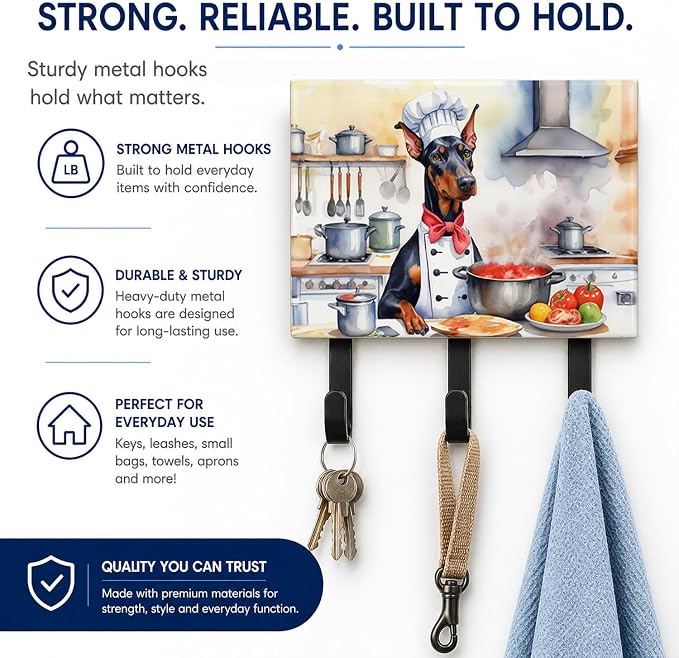 Caroline's Treasures Doberman Pinscher The Chef Leash or Key Holder Wall Hooks, Key Hooks Holder, Coat Rack Wall Mount, Coat Hooks, Hooks for Hanging Keys, Towels, Aprons, Leashes | Doberman Pinscher The Chef artwork on ceramic tile with three steel ho...
