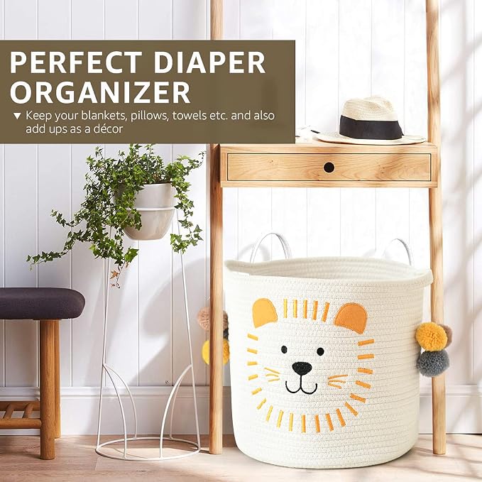 Toy Storage Baskets Cute Laundry Basket with Handles Dog Toy Storage Basket Durable Large Cotton Rope Storage Bins Home Organizer Solution for Office, Bedroom, Closet, Toys & Laundry (Lion)