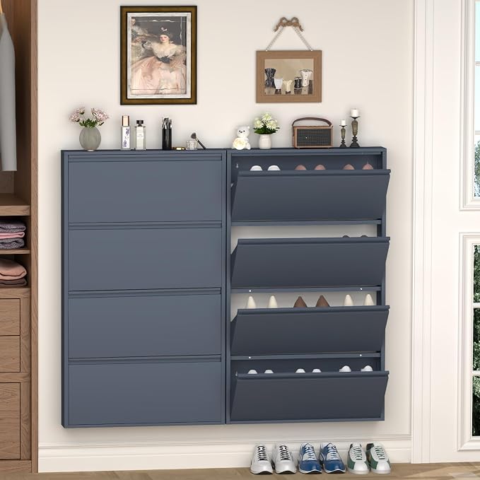 GREATMEET Shoe Cabinet with 4 Flip Drawers, Slim Metal Shoe Cabinet Storage for Entryway, Hidden Narrow Shoe Rack Organizer Cabinets Wall Mount for Living Room, Bedroom, Hallway, Blue