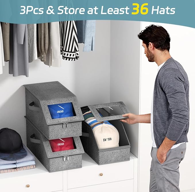 AOODA 3 Pack Stackable Hat Storage Box for Baseball Caps, Holds 36 Caps | Hat Organizer for Closet, Sturdy Hat Boxes for Men, with Cardboard, Space-Saving, Slate Grey