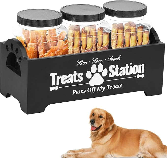 Dog Treat Container, Dog Food Storage Container with 3 Plastic Treat Jars, Wood Countertop Dog Treat Holder, Reusable Dog Treat Storage Organizer, Pet Food Container for Dogs Cats (black)