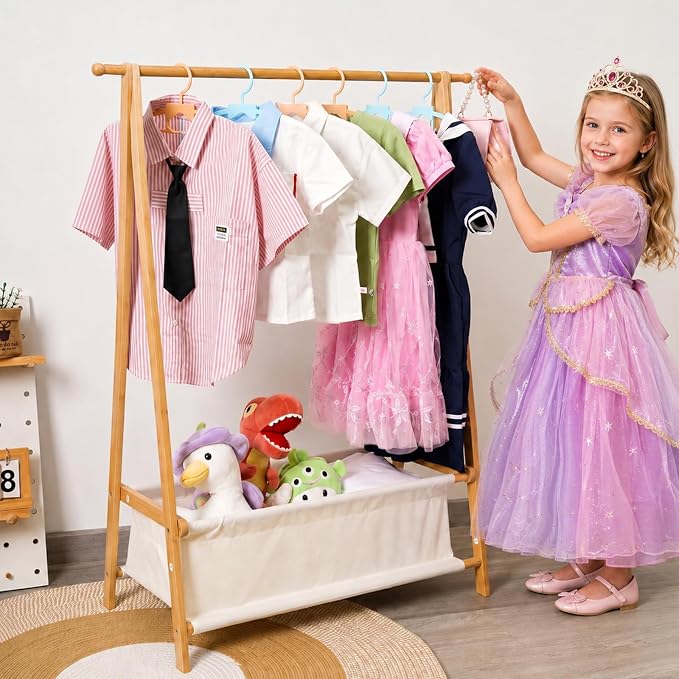 Bamboo Kids Clothing Rack with Storage Box - Foldable,Kids Dress Up Rack with Hooks & Rod, Organize Dress Up Storage & School Uniforms, Perfect for 4-13 Year Olds