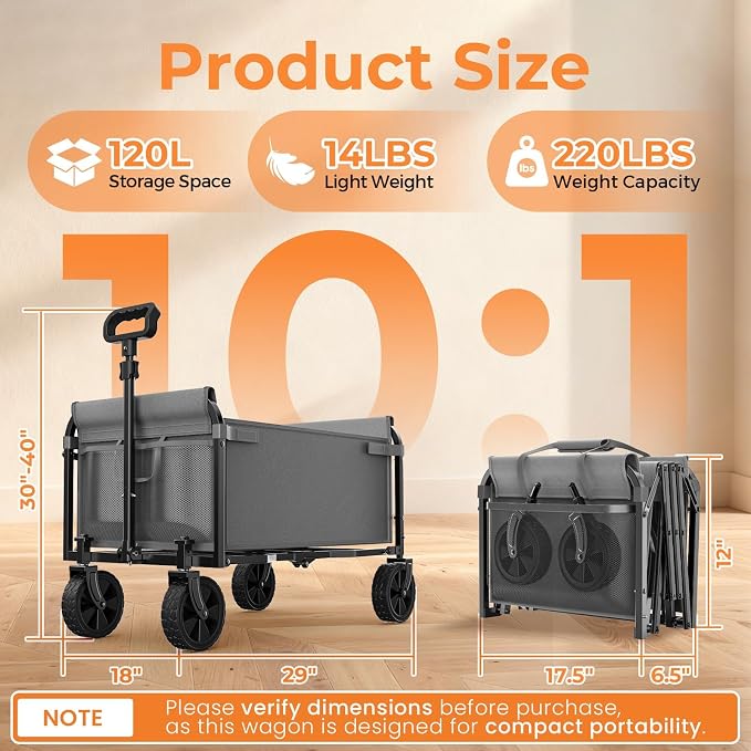 Portable Collapsible Wagon Cart, Foldable Cart with Removable Side, Utility Groceries Wagon for Dogs Cats Camping Beach Shopping Sports Gardeing Fishing, Gray